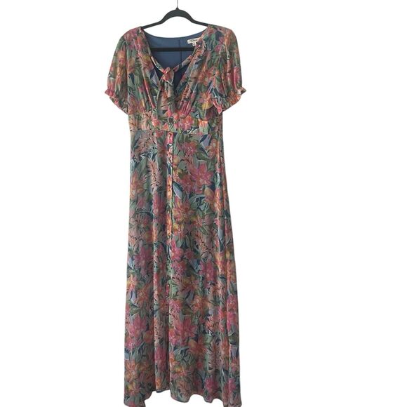 Takara Women's Size 9 Floral‎ Chiffon Babydoll Button Front Sundress Maxi Dress - Picture 1 of 9